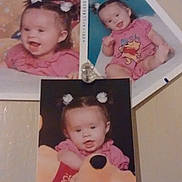 Shyanne is registered to the contest to win money with this photo: baby, child, photograph, pigtails, pink_clothing, plush_toy, winnie_the_pooh, smile, portrait, wall, pin, hair_accessory, indoor, cute, infant, expression, person, multiple_photos, collage, background