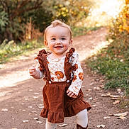 Ayrora is registered to the contest to win money with this photo: autumn, brown, child, clothing, cute, daylight, dress, forest, happy, leaves, nature, outdoor, path, person, smiling, sunlight, toddler, walking, white_tights, young_child