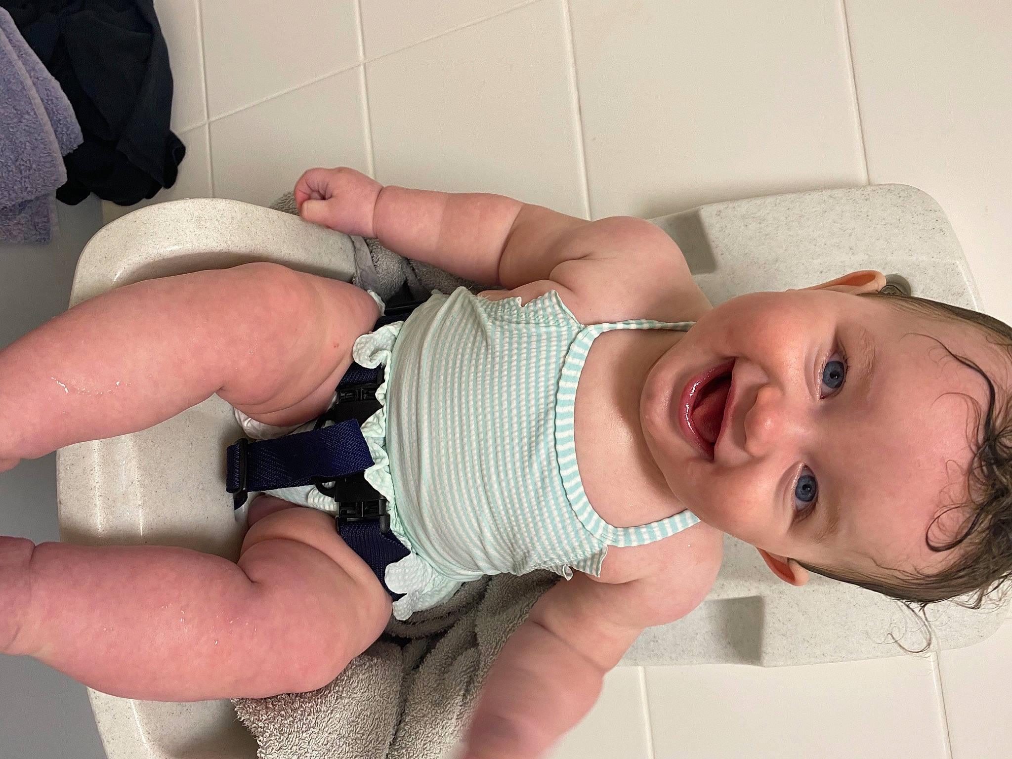 Maisy is registered to the contest to win money with this photo: baby, baby_toddler_clothing, cheek, chest, comfort, eye, finger, headgear, human_body, iris, joint, leg, mouth, muscle, person, skin, sleeve, smile, stomach, thigh