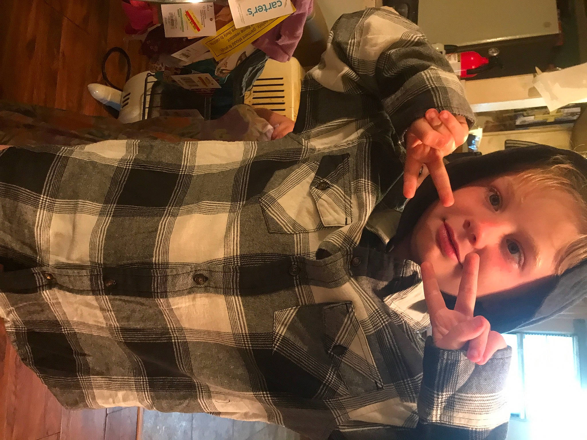 Colton joined the competition — help win amazing prizes! baby, child, comfort, fun, hat, pattern, person, plaid, room, sitting, tartan, tints_and_shades, toddler, wood