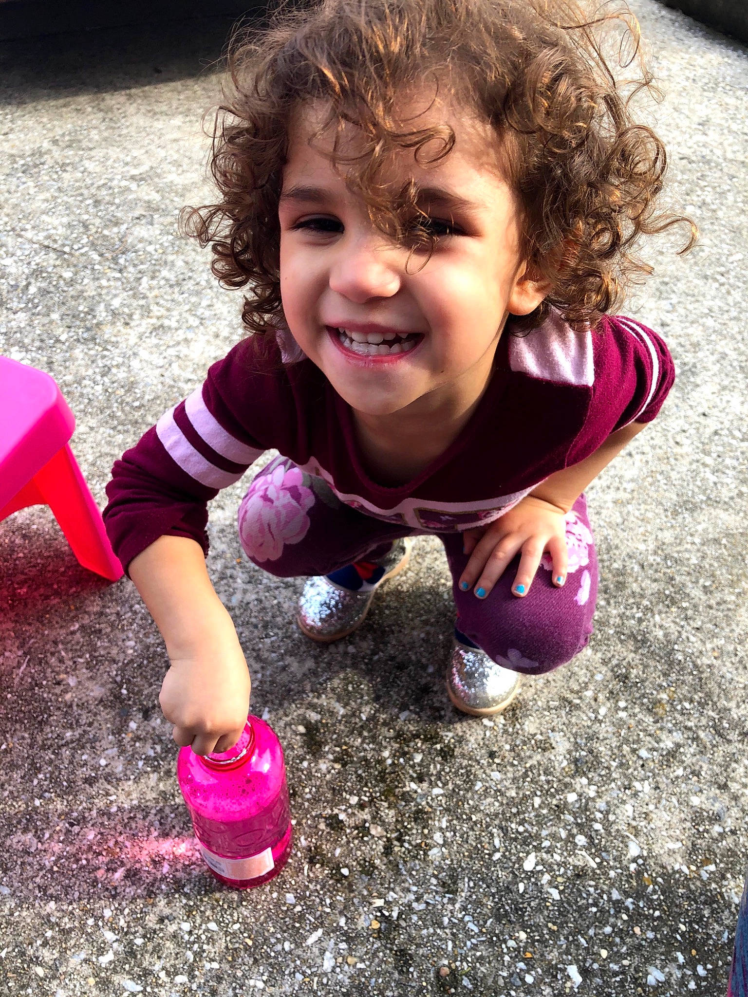 Ava joined the competition — help win amazing prizes! blond, child, eye, facial_expression, finger, fun, grass, hand, happy, head, joy, magenta, mouth, people_in_nature, person, pink, purple, recreation, road_surface, smile