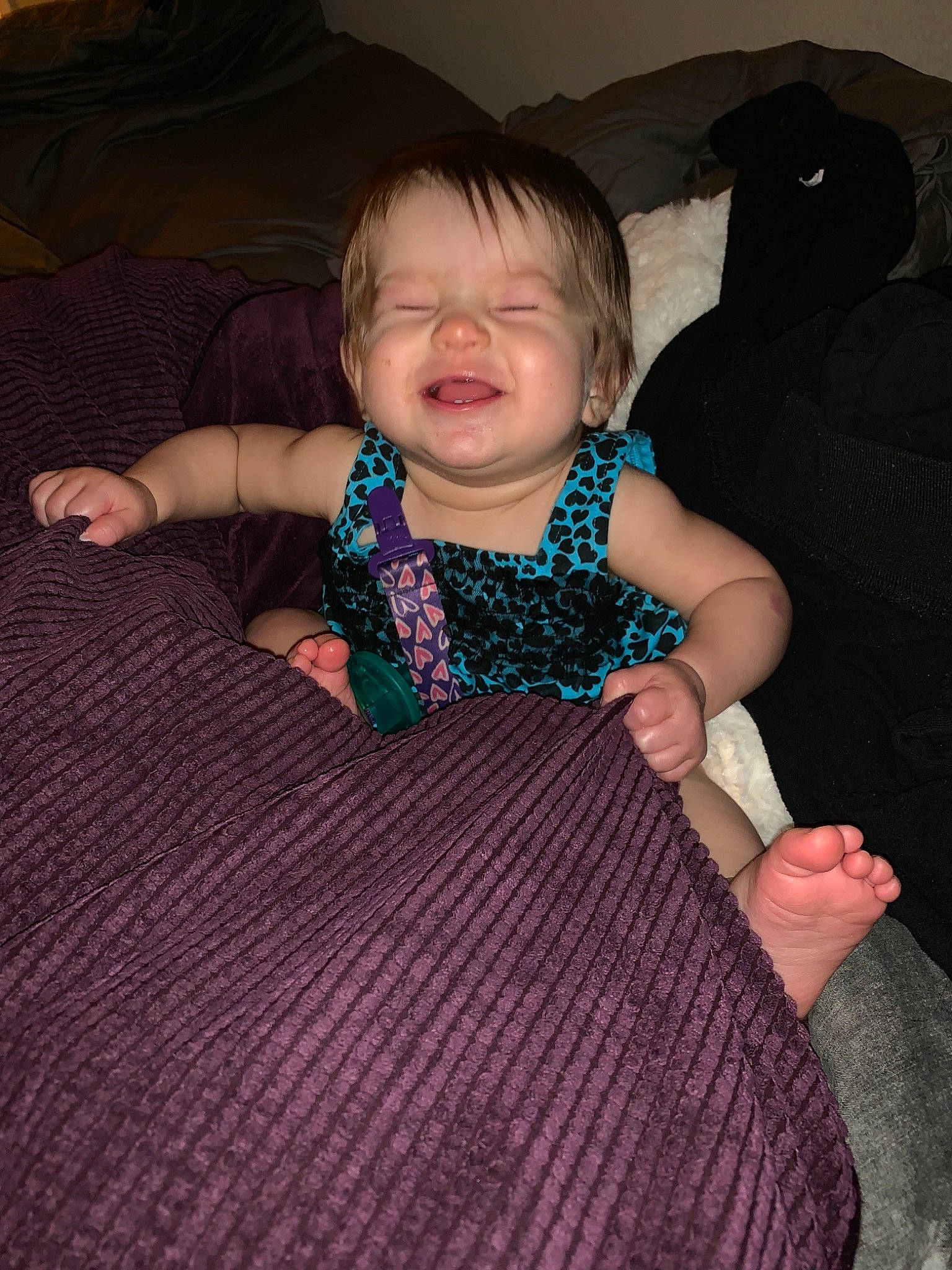 Dahlia joined the competition — help win amazing prizes! arm, baby, child, facial_expression, fun, hand, knitting, lap, laugh, leg, person, sitting, skin, smile, textile, toddler