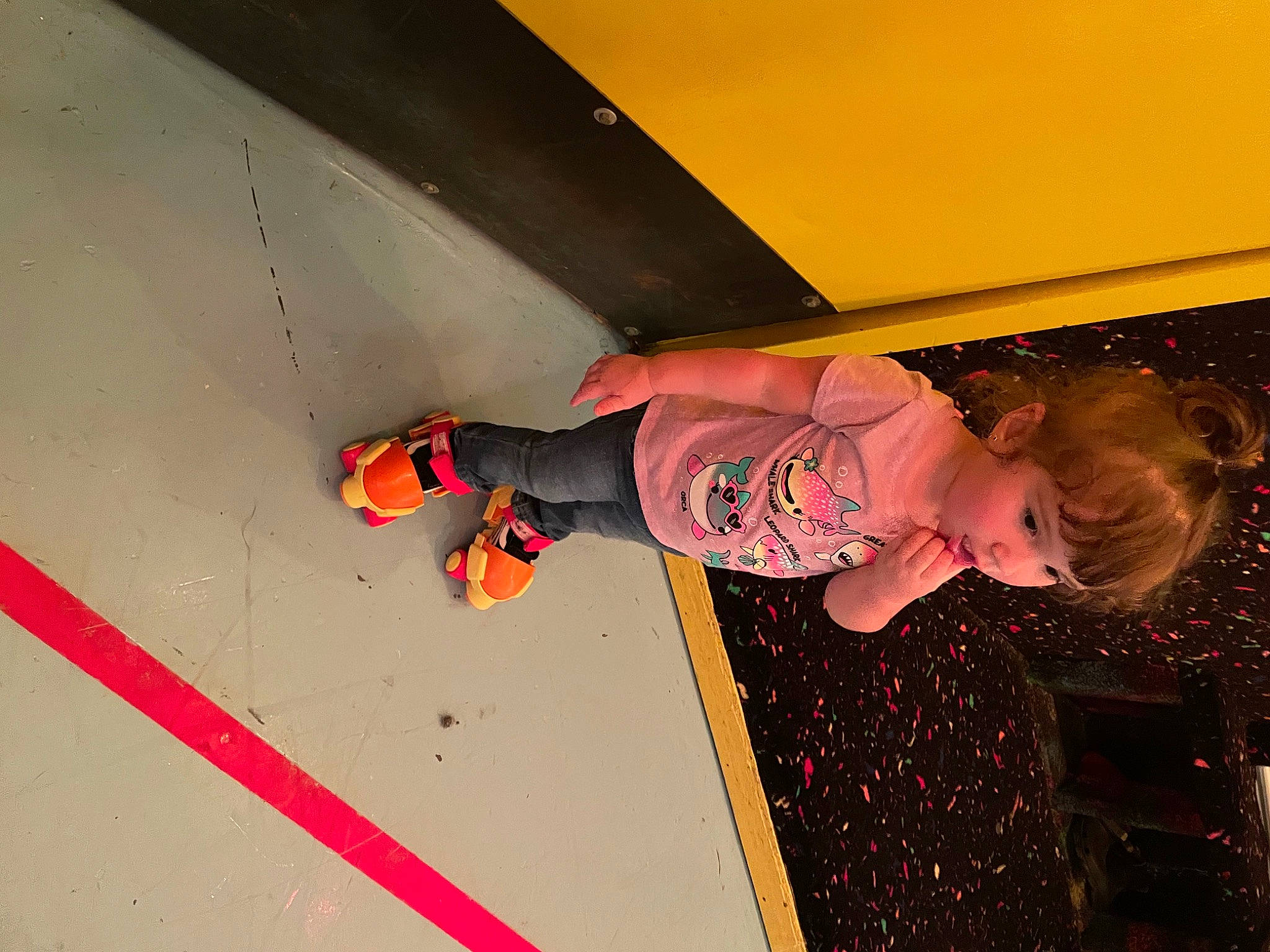Aleaha is registered to the contest to win money with this photo: baby, boot, carmine, ceiling, child, floor, flooring, fun, happy, human_leg, knee, leg, leisure, orange, person, recreation, sport_climbing, thigh, tints_and_shades, toddler