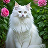 Coco joined the competition — help win amazing prizes! animal, bush, cat, close_up, eyes, flower, fluffy, fur, garden, green_leaves, long_hair, nature, outdoor, pet, pink_flower, plant, portrait, rose, sitting, white_cat