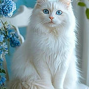 Coco is registered to the contest to win money with this photo: animal, blue_eyes, blue_flowers, calm, cat, chair, closeup, cute, domestic_cat, feline, flowers, fluffy_fur, indoor, pet, portrait, sitting, soft_light, tail, whiskers, white_cat