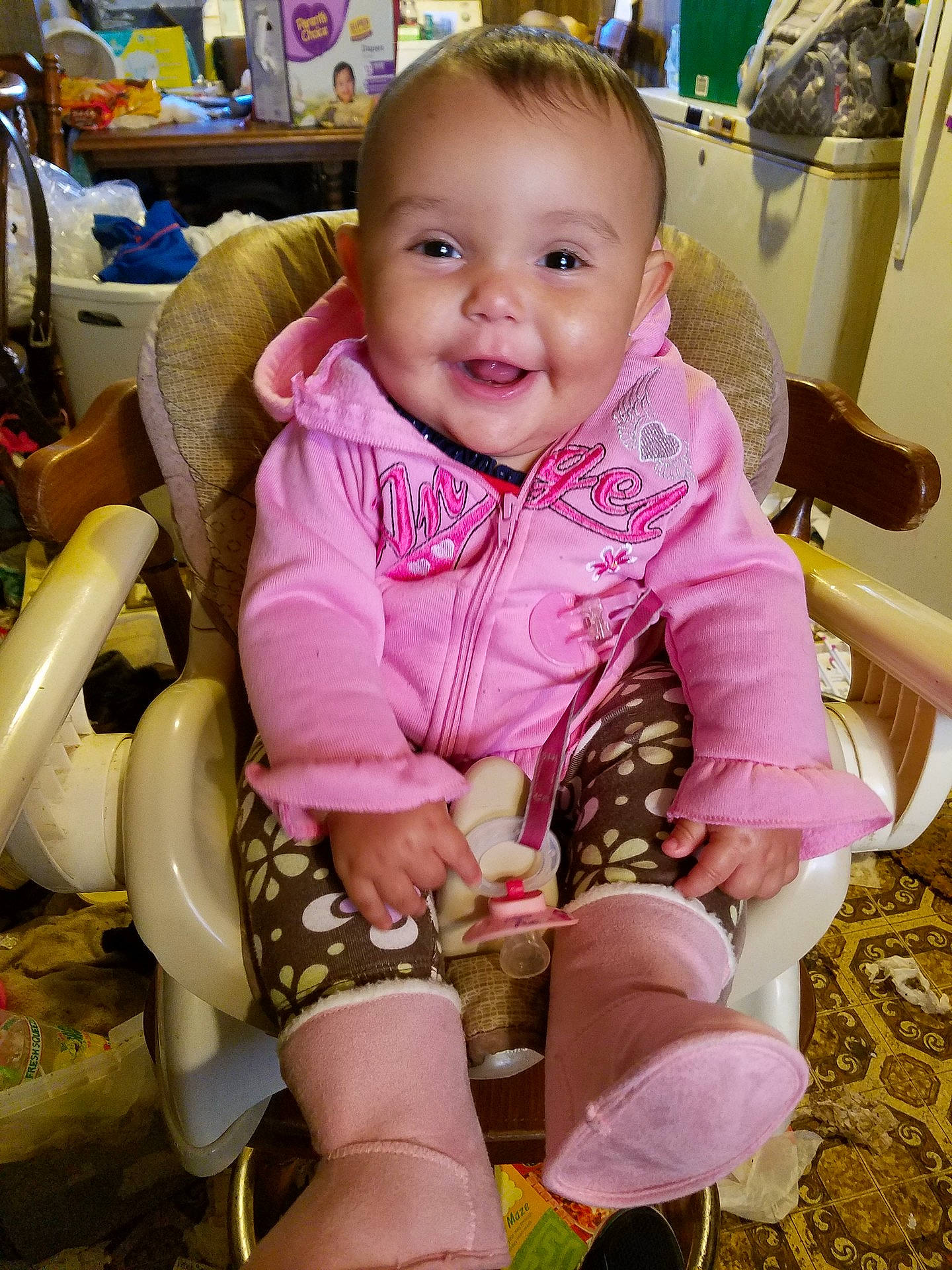 Aubri joined the competition — help win amazing prizes! arm, child, day, eye, facial_expression, fun, girl, infant, iris, joy, leg, person, pink, play, product, sitting, skin, smile, textile, toddler