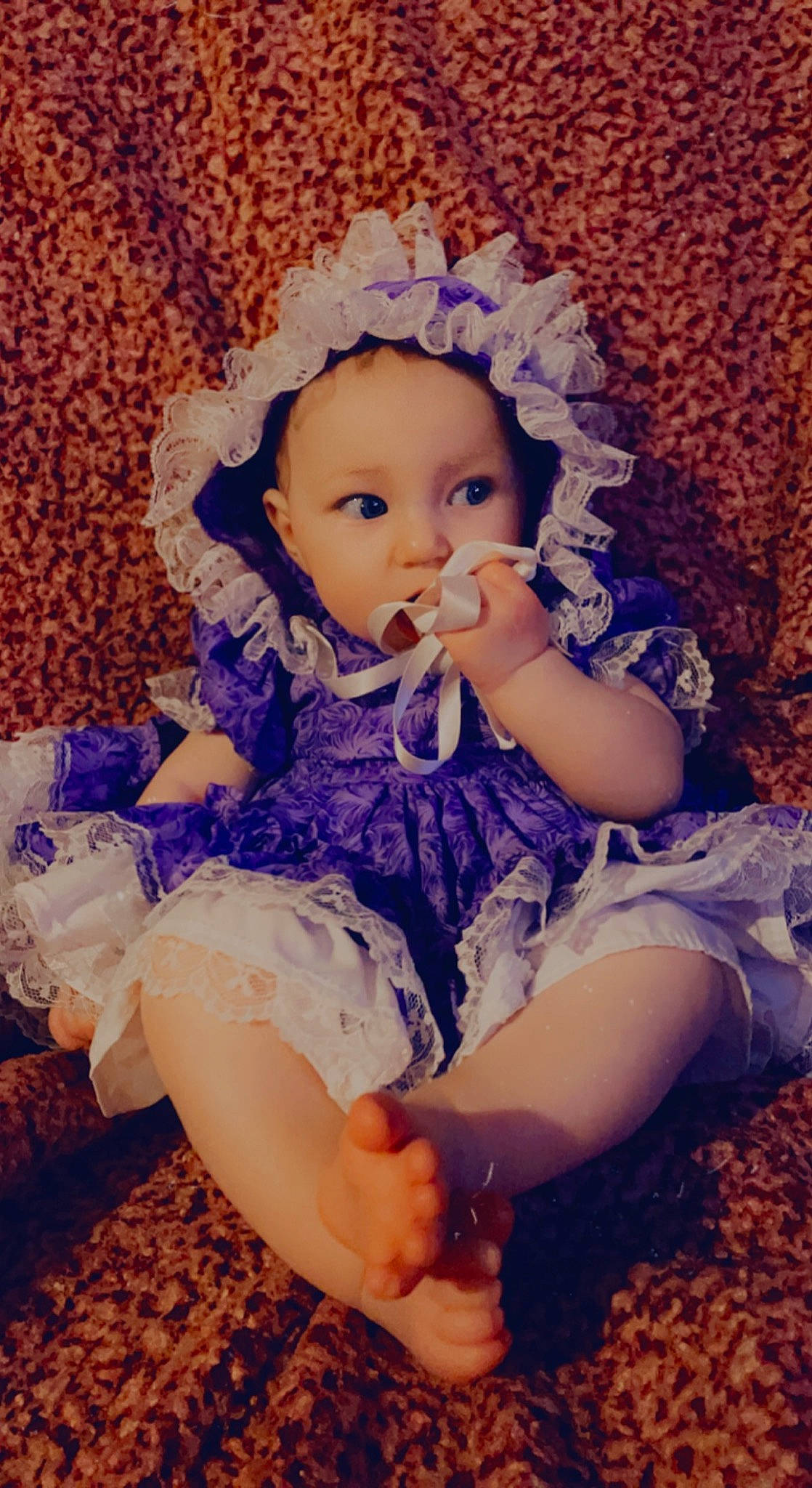 Paisleigh joined the competition — help win amazing prizes! baby, baby_toddler_clothing, beauty, brown_hair, child, dress, electric_blue, happy, headpiece, human_leg, iris, pattern, person, pink, plant, purple, ruffle, sitting, skin, thigh