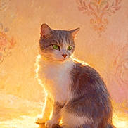 Crapule a rejoint le concours — aidez-le/la à gagner de superbes lots ! cat, painting, green_eyes, sunlight, warm_lighting, ornate_background, fur, sitting, vintage_style, artistic, soft_texture, portrait, domestic_cat, animal, cozy, indoor, decorative, calm, pet, feline