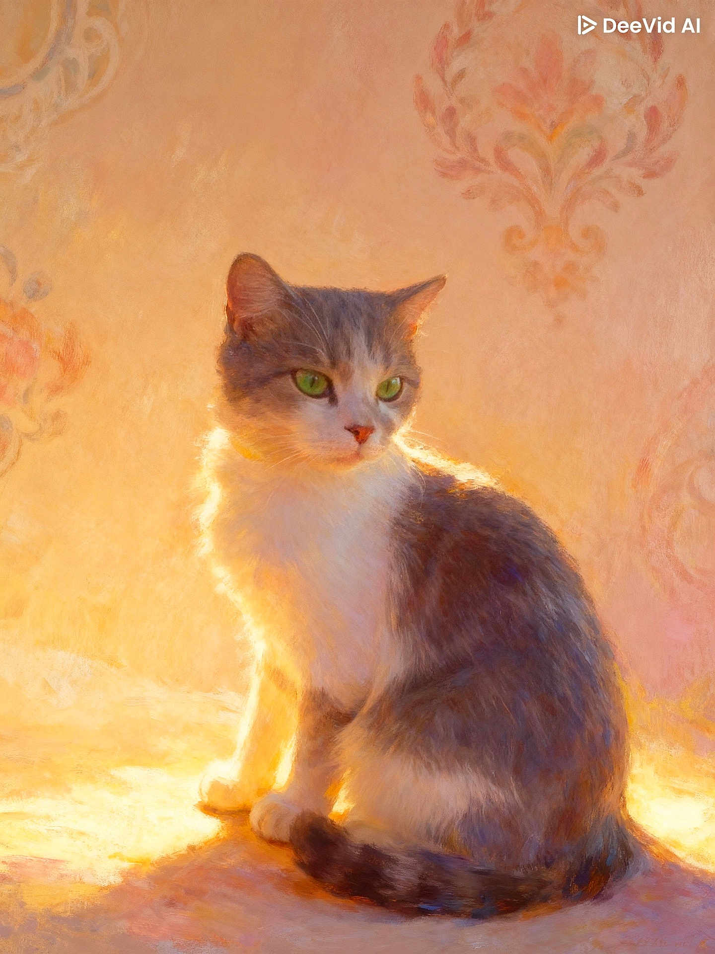 Crapule a rejoint le concours — aidez-le/la à gagner de superbes lots ! cat, painting, green_eyes, sunlight, warm_lighting, ornate_background, fur, sitting, vintage_style, artistic, soft_texture, portrait, domestic_cat, animal, cozy, indoor, decorative, calm, pet, feline