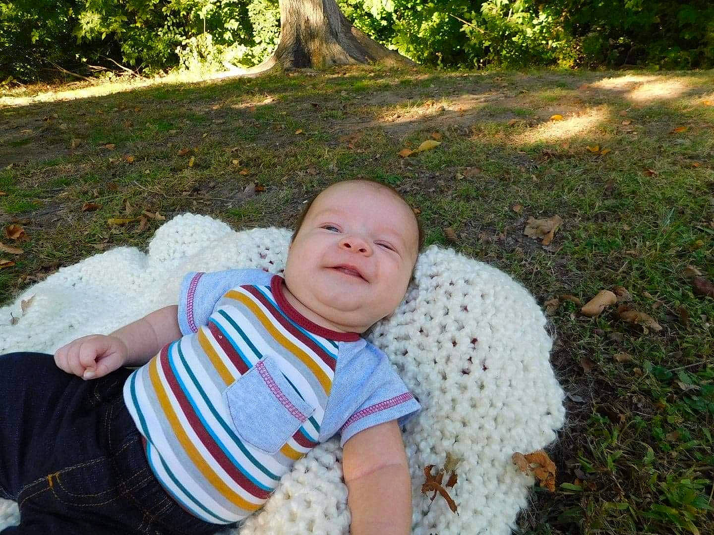 Frederick is registered to the contest to win money with this photo: child, eye, fun, garden, grass, infant, lawn, person, plant, recreation, smile, toddler, tree, vacation