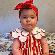 Daria is registered to the contest to win money with this photo: baby, bedspread, bow, bracelet, calm, child, collar, cute, dress, face, headband, indoor, patterned, person, portrait, red, sitting, striped, white, young
