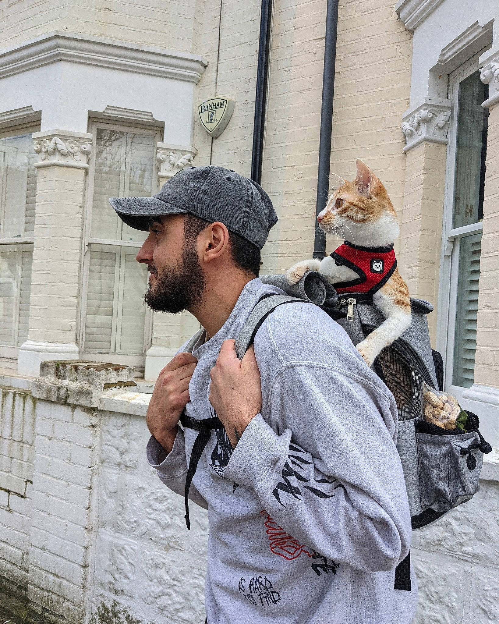 Tama is registered to the contest to win money with this photo: backpack, bag, baseball_cap, beard, cap, eyewear, facade, grey, handbag, hat, luggage_and_bags, moustache, street, street_fashion, t_shirt, temple, tourism, travel, vacation, window