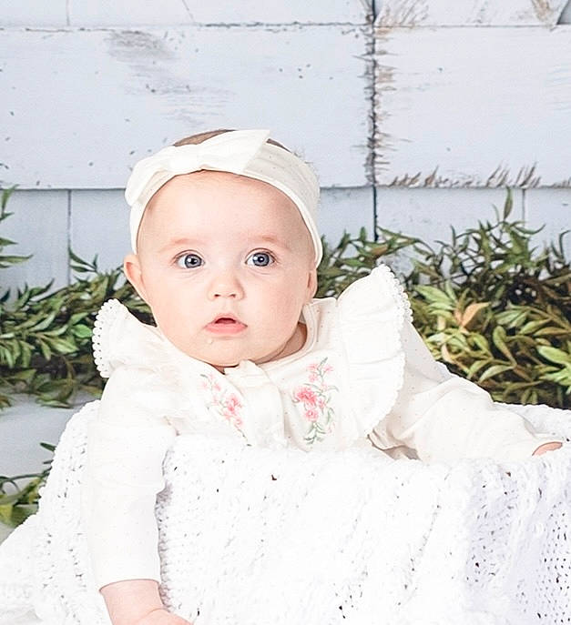 Presley is registered to the contest to win money with this photo: baby, baby_toddler_clothing, cheek, child, collar, dress, embellishment, fashion_accessory, fur, grass, happy, headgear, lip, pattern, person, plant, portrait_photography, sitting, sleeve, toddler