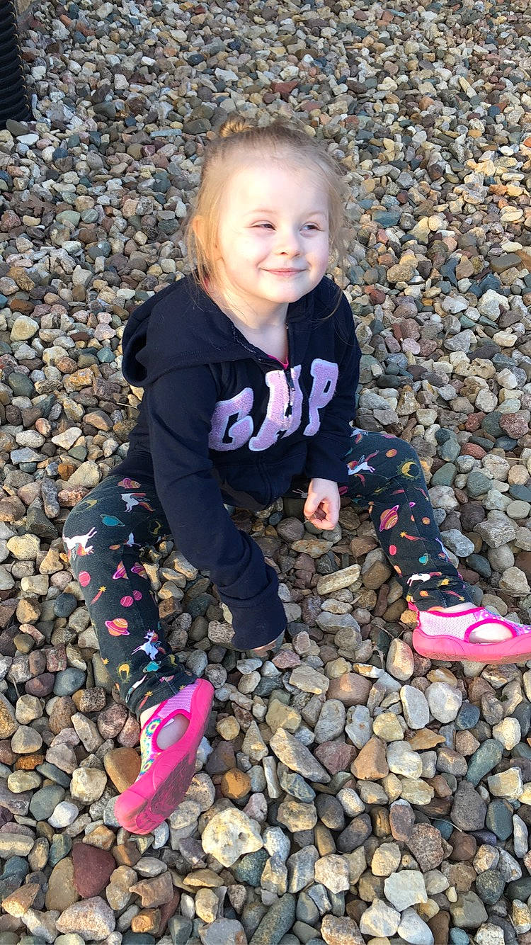 Adalee joined the competition — help win amazing prizes! child, gravel, joy, pebble, person, pink, play, rock, shoe, smile, toddler