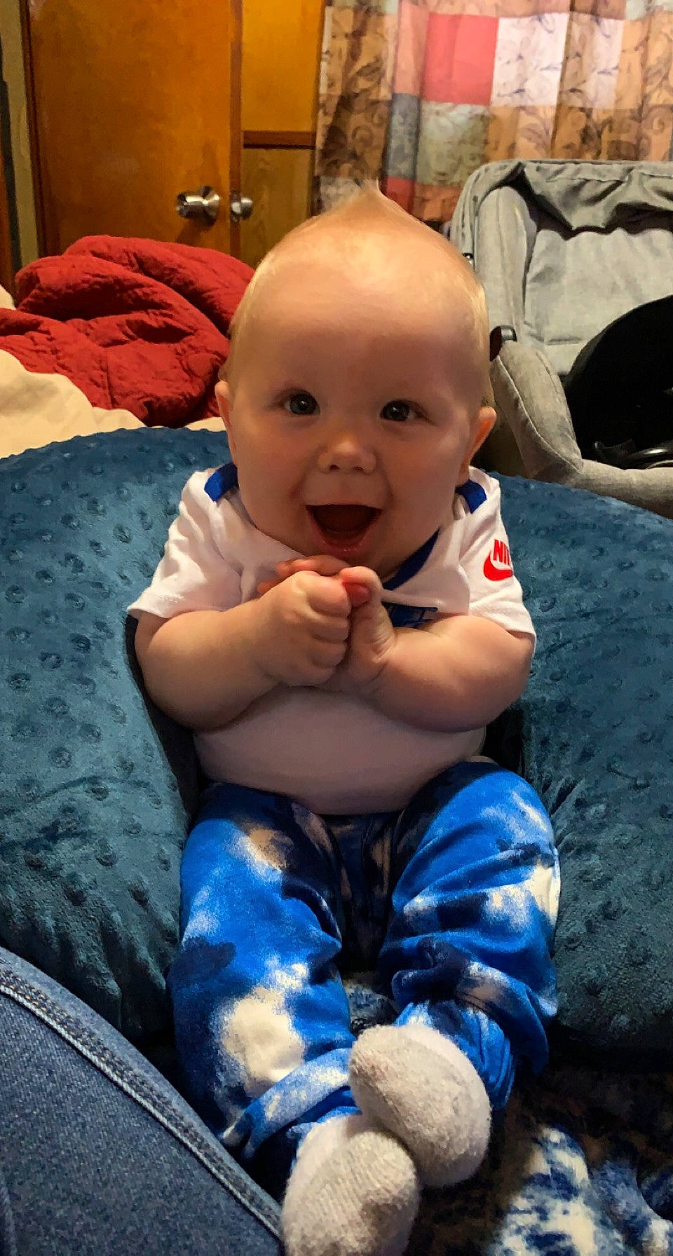 Haiden joined the competition — help win amazing prizes! baby, baby_laughing, baby_toddler_clothing, cheek, child, comfort, electric_blue, eye, flooring, fun, happy, head, human_body, human_leg, iris, mouth, person, sitting, skin, smile