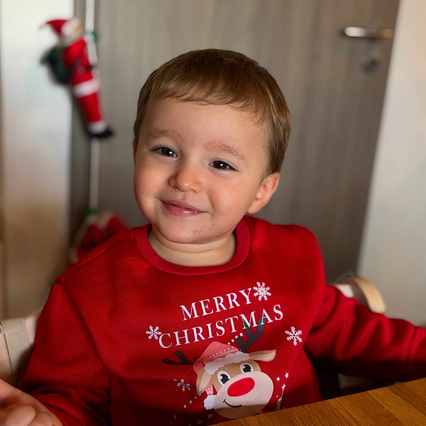 Leo participe au concours pour gagner de l'argent avec cette photo : child, christmas, christmas_sweater, cute, decoration, face, festive, happy, holiday, holiday_clothing, indoor, person, portrait, red_sweater, santa, smiling, table, toddler, wooden_table, young_child