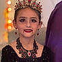 Lilianna joined the competition — help win amazing prizes! child, girl, vampire, costume, crown, jewelry, necklace, earrings, makeup, fangs, blood, dress, black_clothing, portrait, face, indoor, lighting, smile, jewels, blurred_background