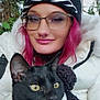 Stardust is registered to the contest to win money with this photo: beanie, black_cat, cat, close_up, cozy, glasses, hat, jacket, lip_piercing, outdoor, pine_trees, pink_hair, portrait, scarf, selfie, septum_ring, smiling, winter_coat, woman, yellow_eyes