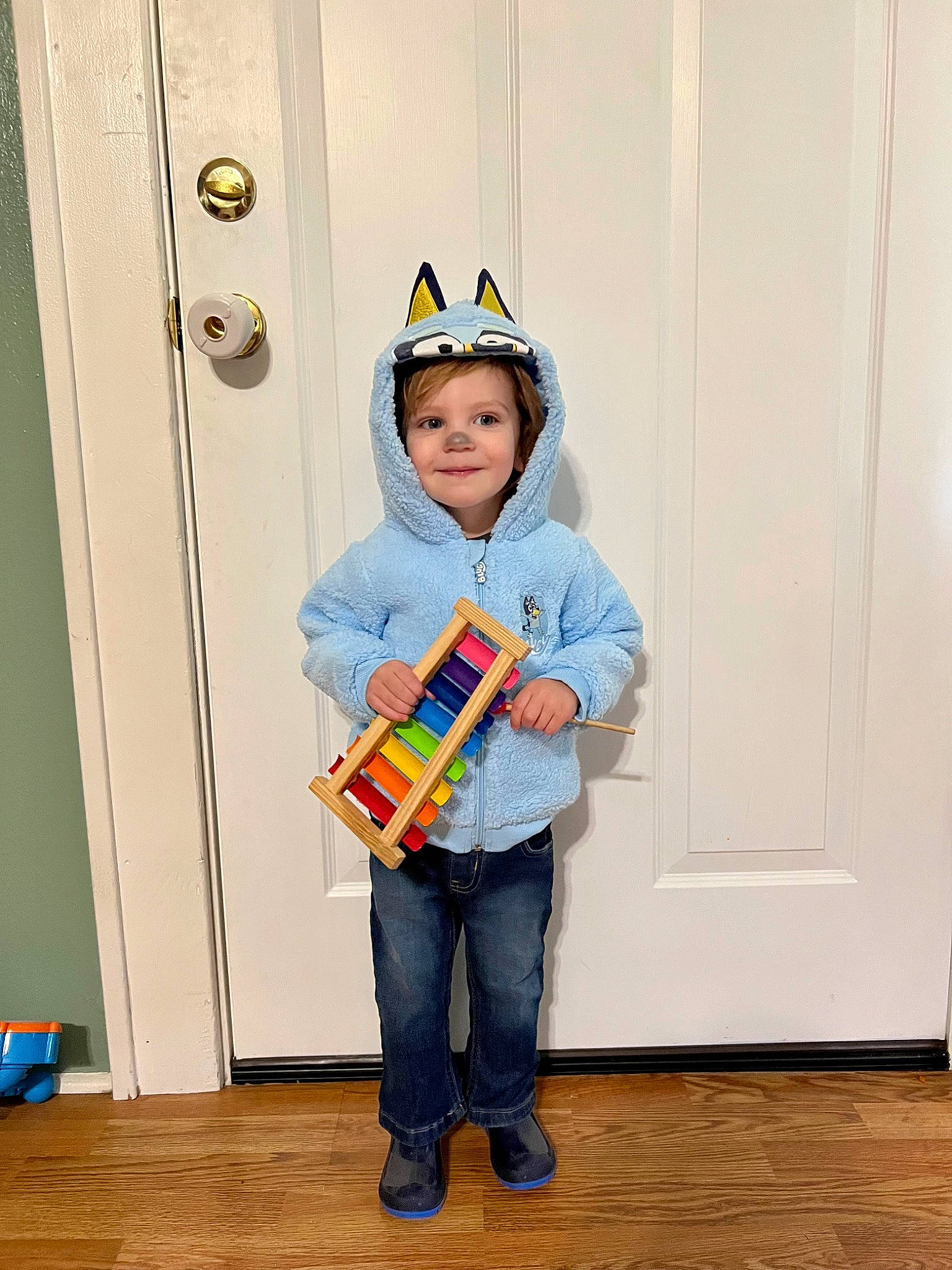 Asher joined the competition — help win amazing prizes! baby_toddler_clothing, cap, child, child_model, costume, denim, electric_blue, flooring, fun, happy, hardwood, joy, party_supply, pattern, person, play, sleeve, toddler, wood, wood_flooring