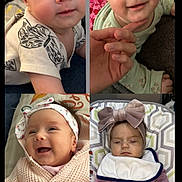 Madisson joined the competition — help win amazing prizes! baby, infant, collage, smiling, sleeping, headband, bow, bib, sweater, onesie, hand, adult_hand, blanket, couch, rosy_cheeks, close_up, portrait, bouncer, patterned_outfit, adorable