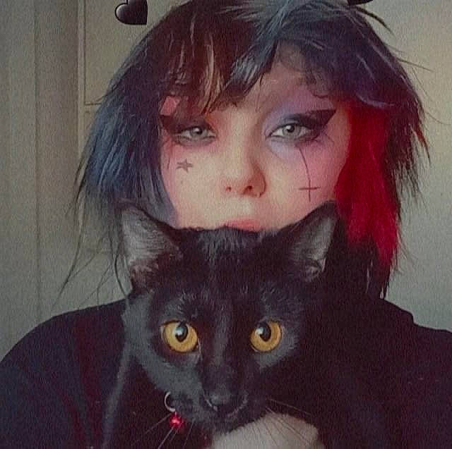 Spooky joined the competition — help win amazing prizes! bangs, black_cat, carnivore, cat, ear, eyebrow, eyelash, face, felidae, fur, hair, human_body, iris, layered_hair, nose, organ, sleeve, small_to_medium_sized_cats, t_shirt, whiskers