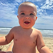 Barron joined the competition — help win amazing prizes! baby, child, smiling, beach, ocean, sky, clouds, sunny, bare_chested, diaper, happy, portrait, cute, outdoor, summer, water, nature, sand, person, infant