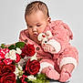 Luna joined the competition — help win amazing prizes! baby, infant, pink_outfit, fluffy_clothing, flowers, red_roses, white_flowers, bouquet, green_leaves, curious, cute, soft_texture, feet, hand, studio_shot, isolated_background, portrait, child, adorable, toddler