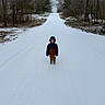Noah James joined the competition — help win amazing prizes! child, snow, winter, road, trees, car, jacket, hood, pants, shoes, outdoor, cold, nature, season, alone, standing, smile, rural, landscape, daytime