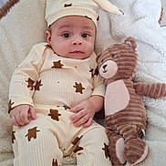 Lonnie joined the competition — help win amazing prizes! baby, infant, toddler, pajamas, hat, stuffed_animal, teddy_bear, blanket, bed, soft_toy, child, cute, indoors, sleepwear, cozy, lying_down, portrait, face, comfort, calm