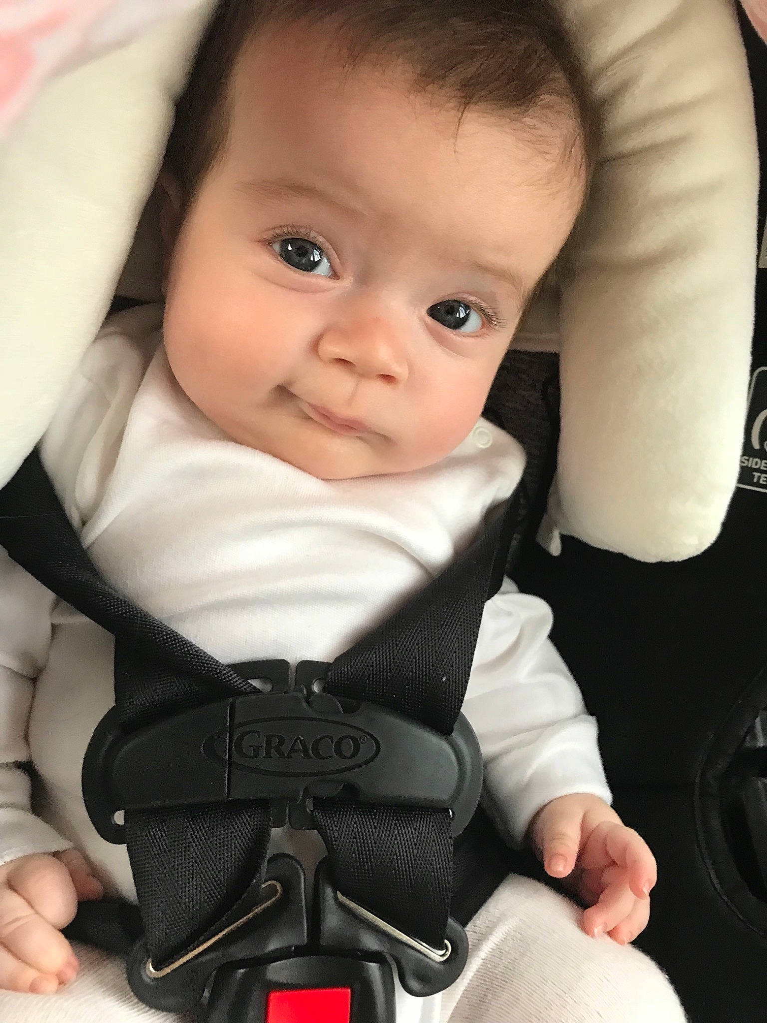 Norah is registered to the contest to win money with this photo: car_seat, child, finger, hand, infant, person, product, toddler