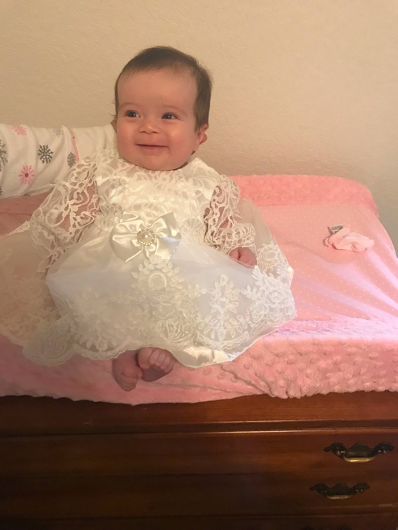 Norah joined the competition — help win amazing prizes! abdomen, bed, child, dress, flooring, girl, gown, hair_accessory, human_hair_color, infant, lace, material, outerwear, person, pink, product, skin, textile, toddler, trunk