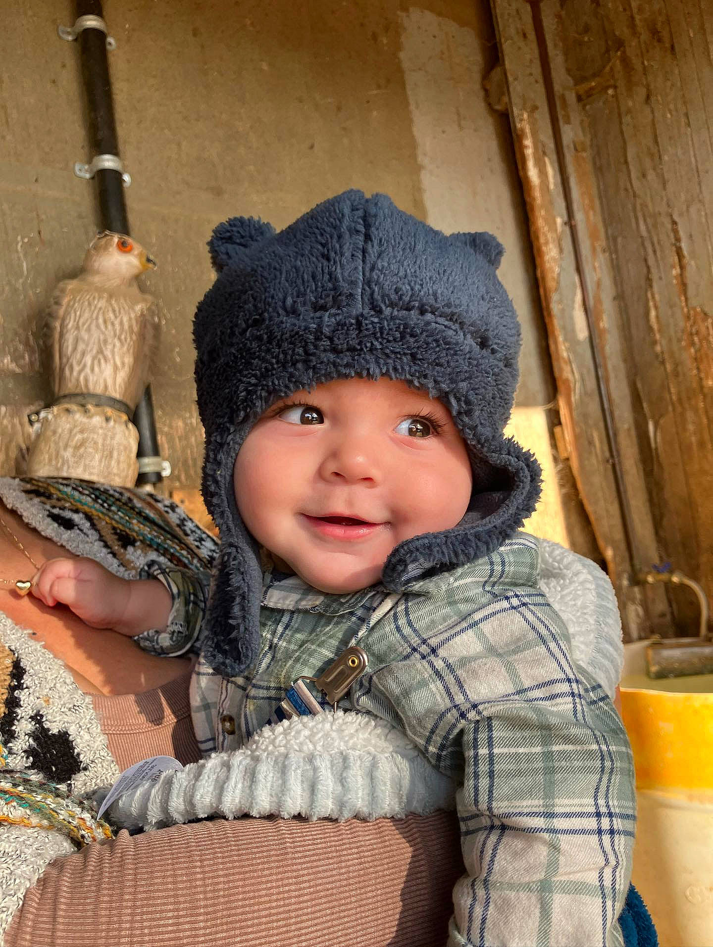 Tomás is registered to the contest to win money with this photo: baby, baby_toddler_clothing, beanie, cap, cheek, child, eye, face, fashion_accessory, happy, headgear, headwear, human_body, knit_cap, pattern, person, skin, smile, toddler, wood