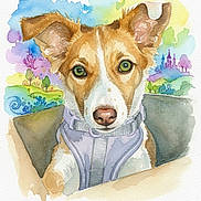Mini joined the competition — help win amazing prizes! watercolor, dog, painting, art, green_eyes, harness, brown_and_white, portrait, whimsical, colorful_background, trees, castle, imaginative, illustration, animal, pet, soft_colors, creative, detailed, cute
