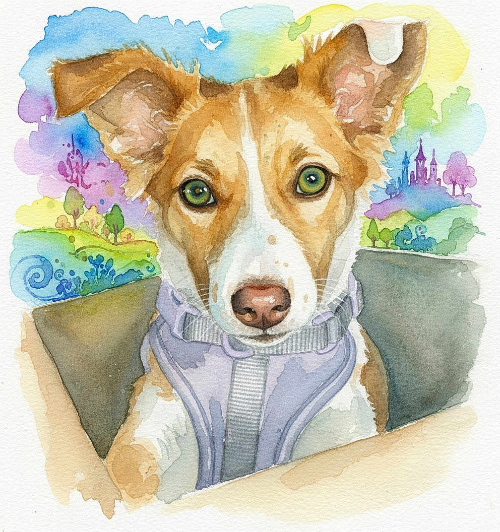 Mini joined the competition — help win amazing prizes! watercolor, dog, painting, art, green_eyes, harness, brown_and_white, portrait, whimsical, colorful_background, trees, castle, imaginative, illustration, animal, pet, soft_colors, creative, detailed, cute