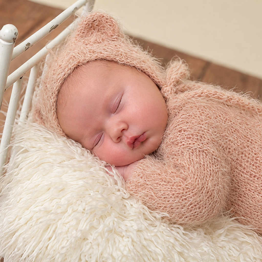 Blakely is registered to the contest to win money with this photo: newborn, baby, sleeping, portrait, closeup, face, bonnet, blanket, wrapped, pink, fluffy, cream, crib, basket, indoor, cozy, peaceful, infant, wooden_floor, photography