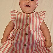 Lottie is registered to the contest to win money with this photo: baby, infant, child, dress, headband, bow, striped_clothing, pink, white, smiling, lying_down, cute, buttoned_dress, indoors, skin, happy, young_child, portrait, one_person, headwear