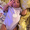 Miyonna is registered to the contest to win money with this photo: arm, baby, blanket, child, cute, face, hand, indoors, infant, leg, lying_down, onesie, patterned_blanket, playful, purple_clothing, skin, smiling_cartoon, soft_fabric, tongue, yellow_blanket
