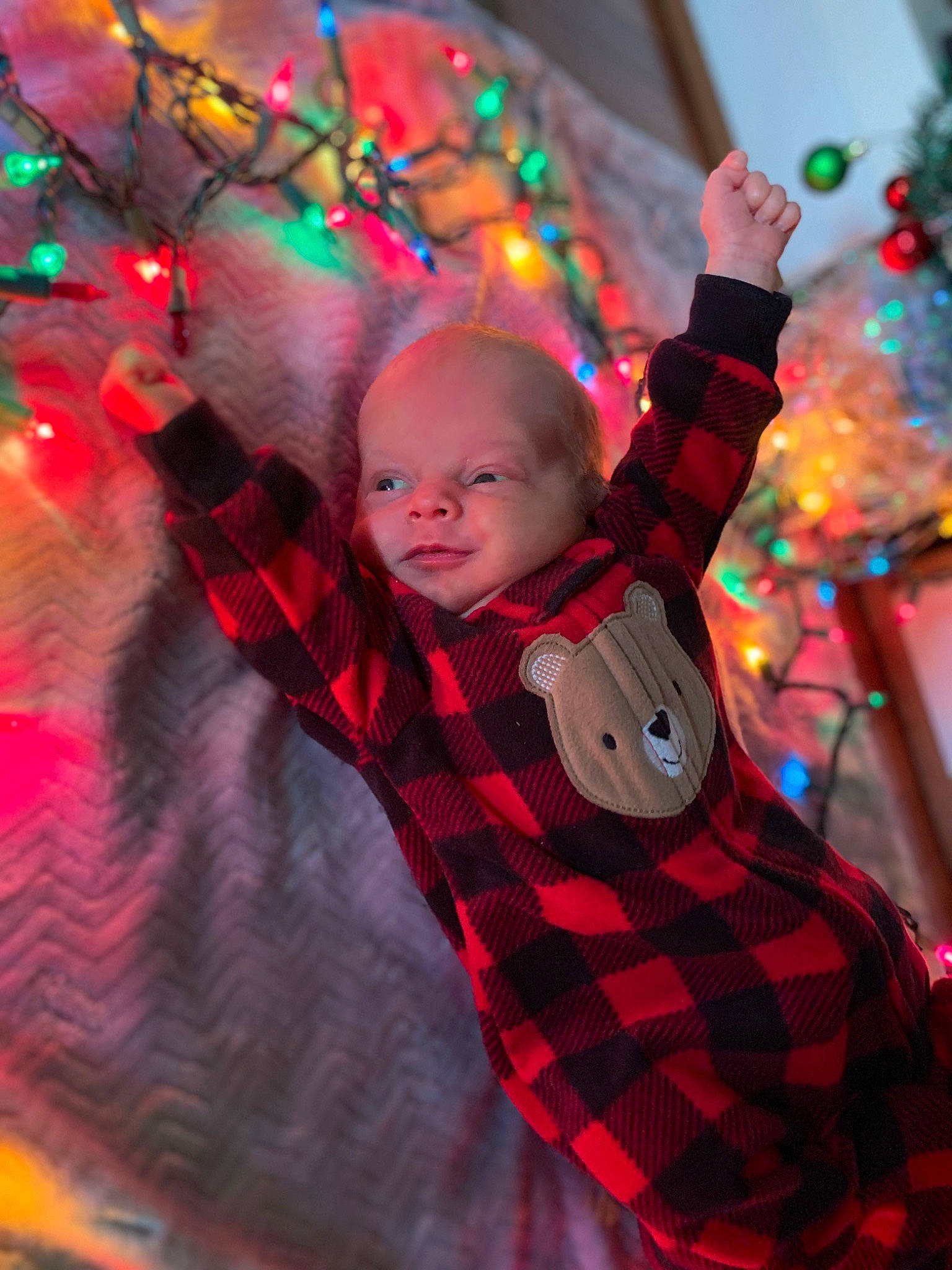 Brenton is registered to the contest to win money with this photo: christmas_decoration, christmas_ornament, christmas_tree, facial_expression, fun, happy, head, human_body, leaf, light, outerwear, person, purple, red, sleeve, smile, standing, tartan, toddler, tree