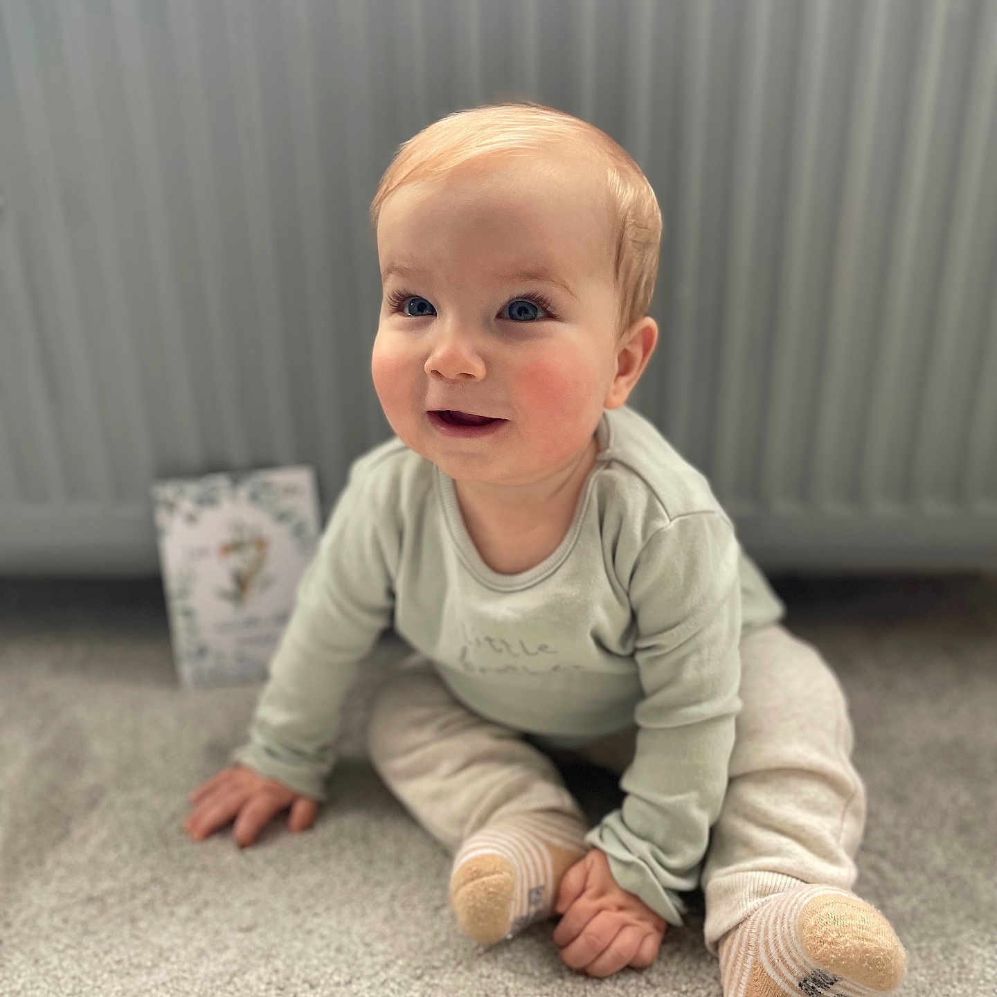 George joined the competition — help win amazing prizes! baby, babycrawling, blonde, clothing, crawling, face, hair, head, hosiery, person, photography, portrait, sitting, sock