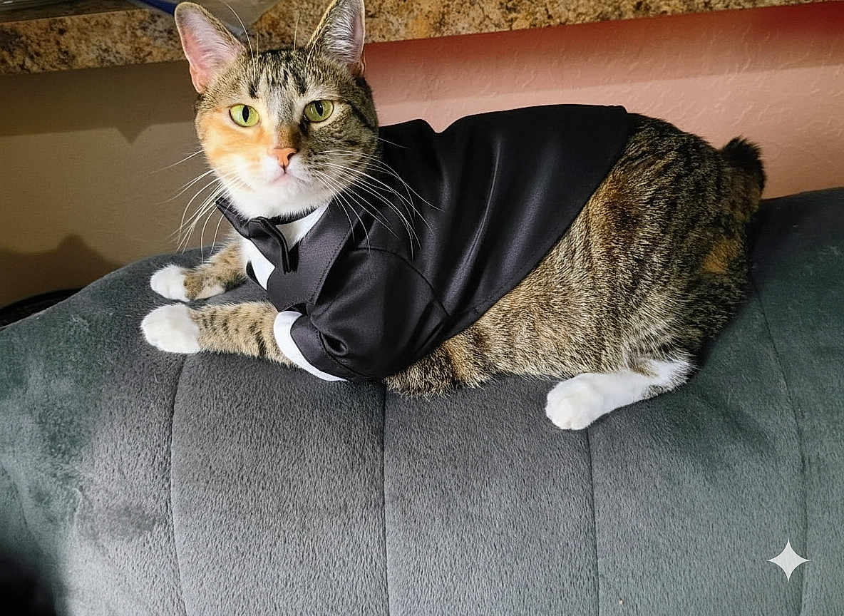 Cricket The Cat joined the competition — help win amazing prizes! animal, cat, clothing, couch, cute, domestic_animal, feline, fur, gray_couch, green_eyes, indoor, looking_at_camera, mammal, pet, portrait, resting, sitting, tabby_cat, tuxedo, whiskers