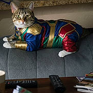 Cricket The Cat joined the competition — help win amazing prizes! animal, casual, cat, closeup, coffee_cup, coffee_table, costume, couch, domestic, feline, gray_couch, indoor, living_room, magazines, pet, portrait, relaxed, remote_control, superhero_outfit, tabby_cat