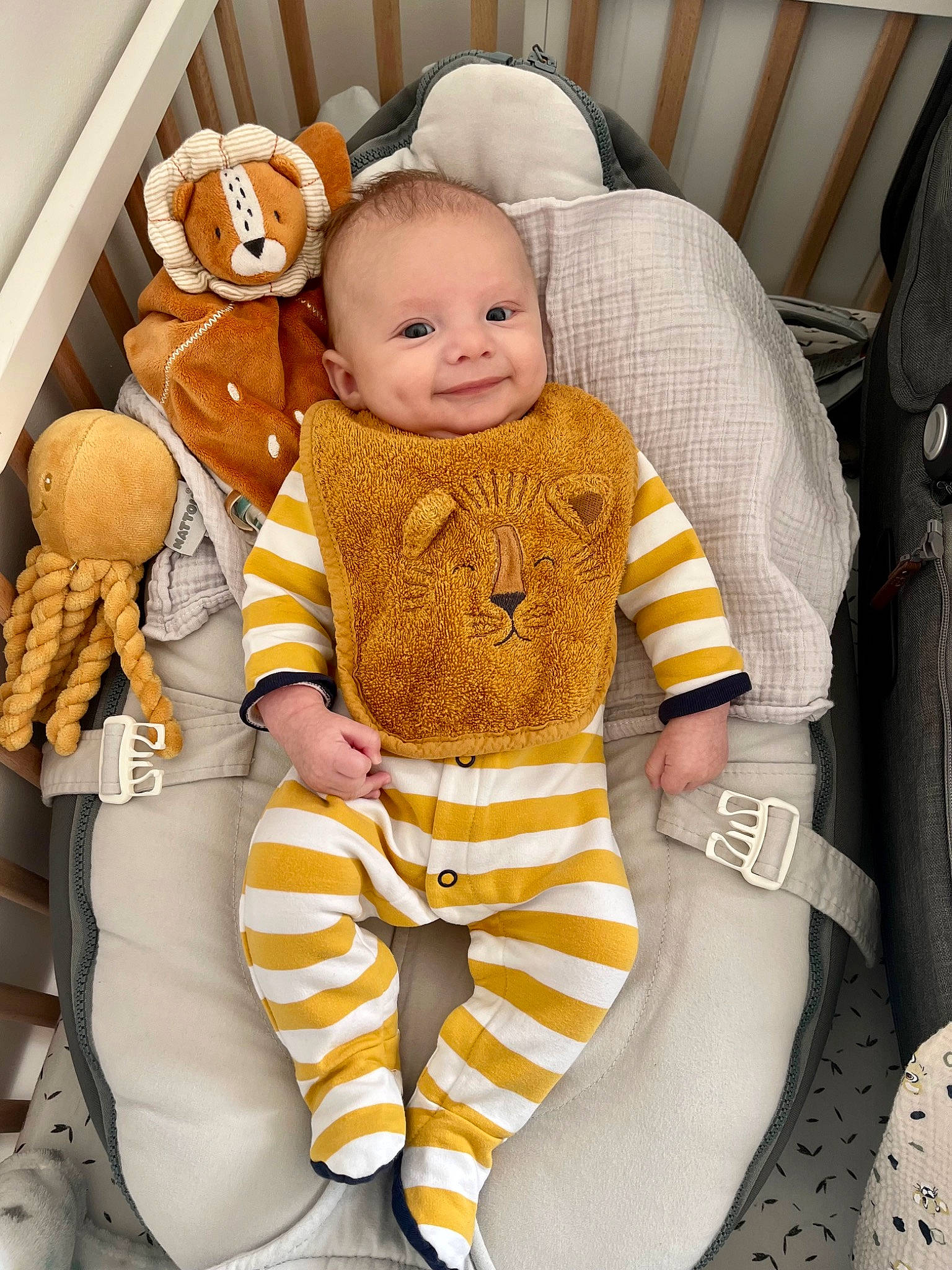Hugo participe au concours pour gagner de l'argent avec cette photo : baby, baby_toddler_clothing, chair, cheek, child, comfort, eye, happy, joy, linens, pattern, person, plush, product, room, sitting, sleeve, smile, stuffed_toy, textile