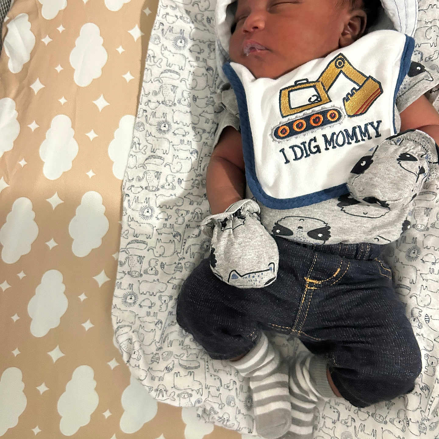 Titan is registered to the contest to win money with this photo: baby, bib, blanket, child, closeup, clothing, construction_vehicle, cozy, cute, indoors, infant, mittens, newborn, patterned_blanket, peaceful, portrait, resting, sleeping, soft_lighting, striped_socks