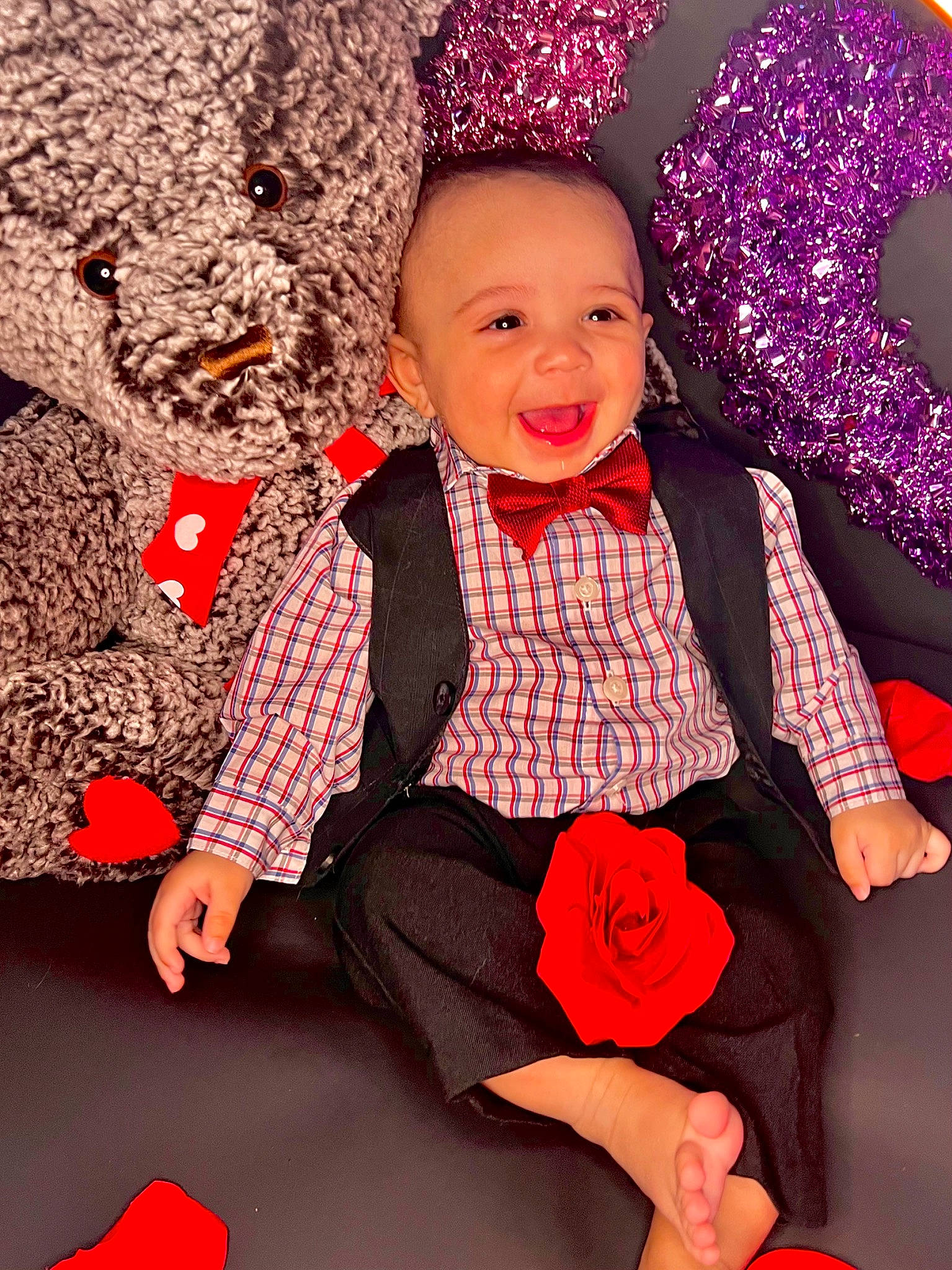 Keziah joined the competition — help win amazing prizes! baby_toddler_clothing, bow_tie, dress, finger, flower, formal_wear, fun, hand, happy, head, human_body, magenta, pattern, performing_arts, person, pink, red, smile, suit, textile