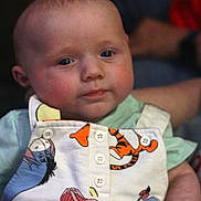 Samuel joined the competition — help win amazing prizes! baby, infant, child, face, clothing, overalls, cartoon_characters, winnie_the_pooh, tigger, piglet, eeyore, cute, portrait, skin, eyes, person, sitting, indoor, soft_lighting, closeup
