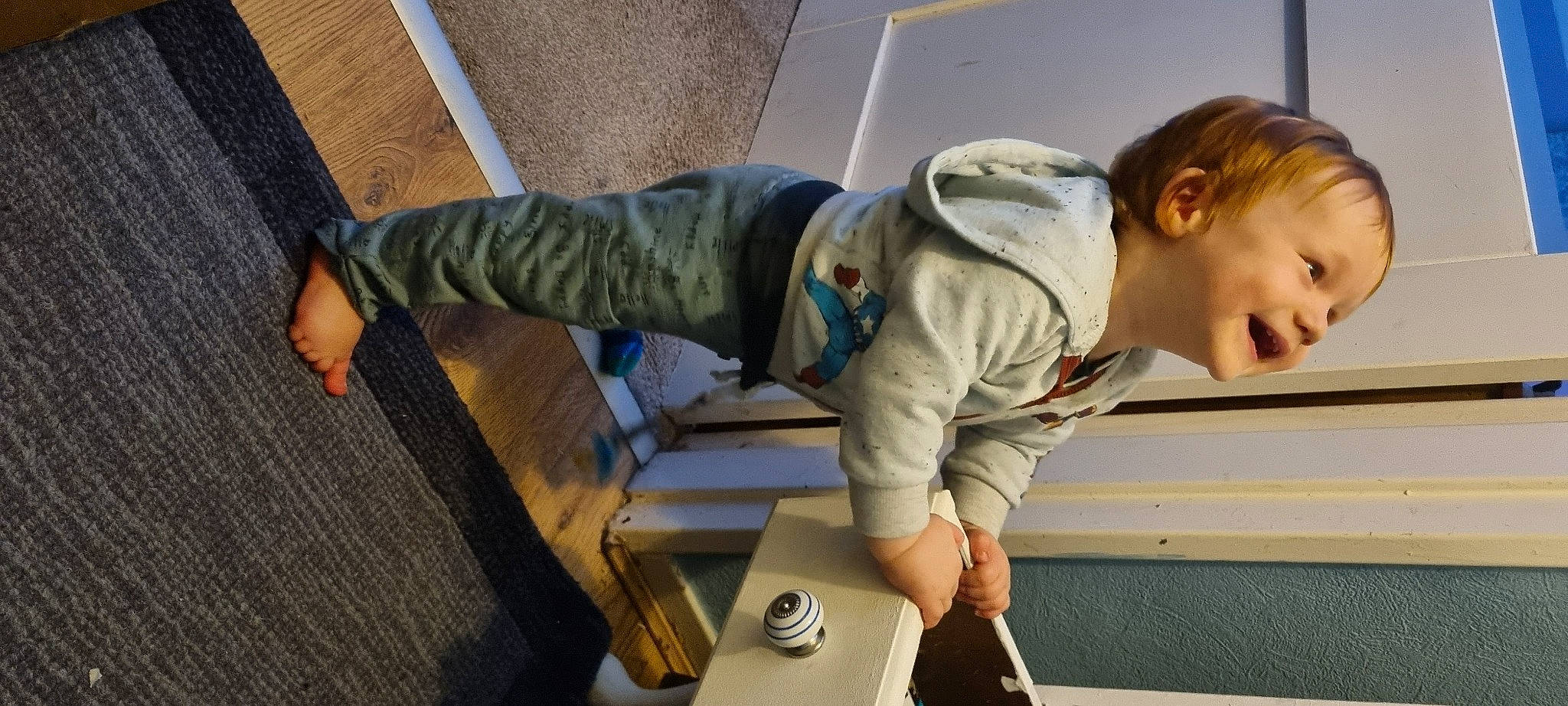 Peter is registered to the contest to win money with this photo: baby_toddler_clothing, box, child, cleanliness, comfort, elbow, floor, flooring, hardwood, joint, joy, knee, person, room, shipping_box, sitting, sleeve, toddler, wood