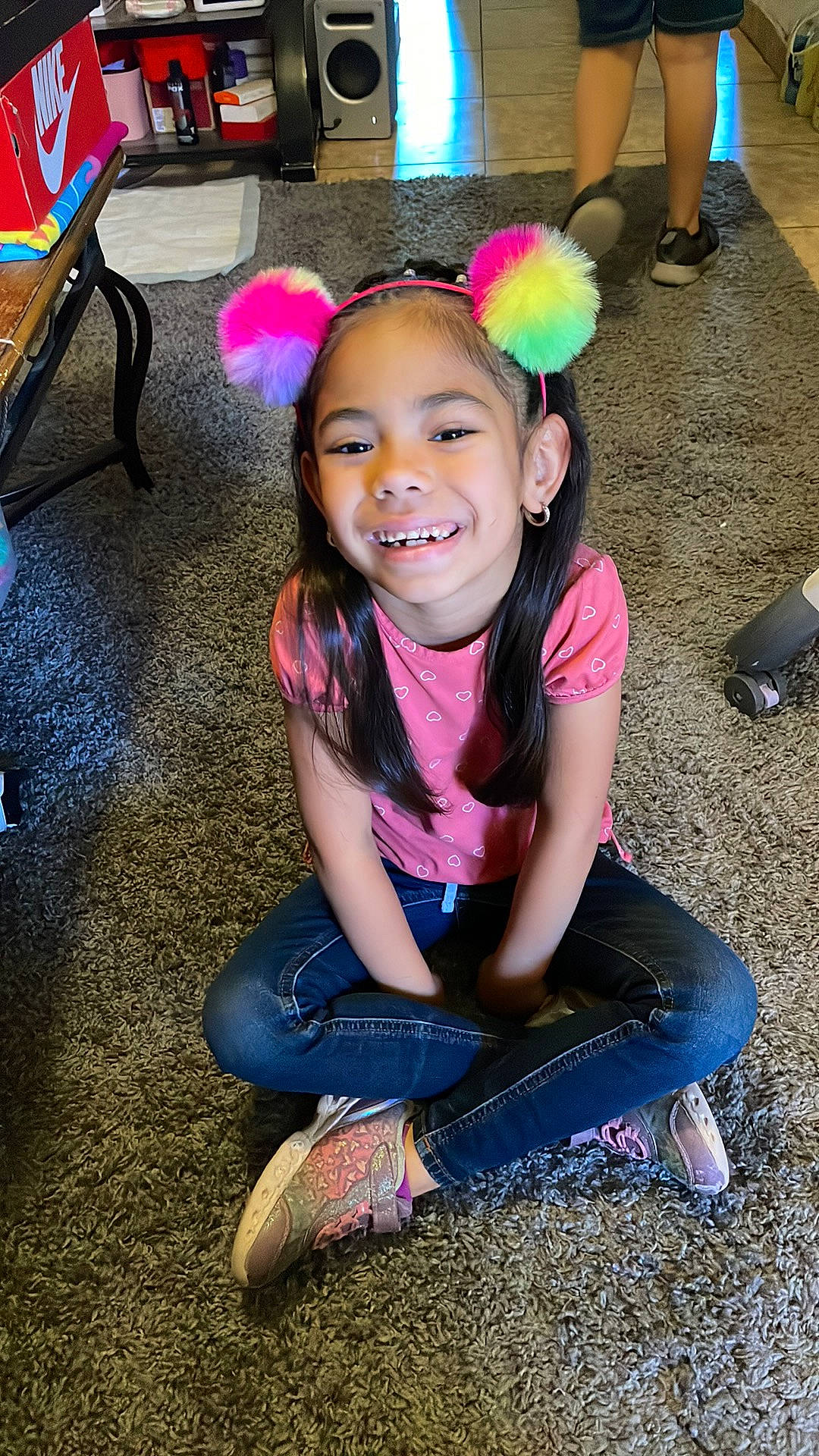Nevaeh joined the competition — help win amazing prizes! chair, child, fashion_accessory, foot, fun, grass, hairstyle, happy, head, human_leg, joy, leisure, magenta, person, pink, purple, shoe, smile, snapshot, sneakers