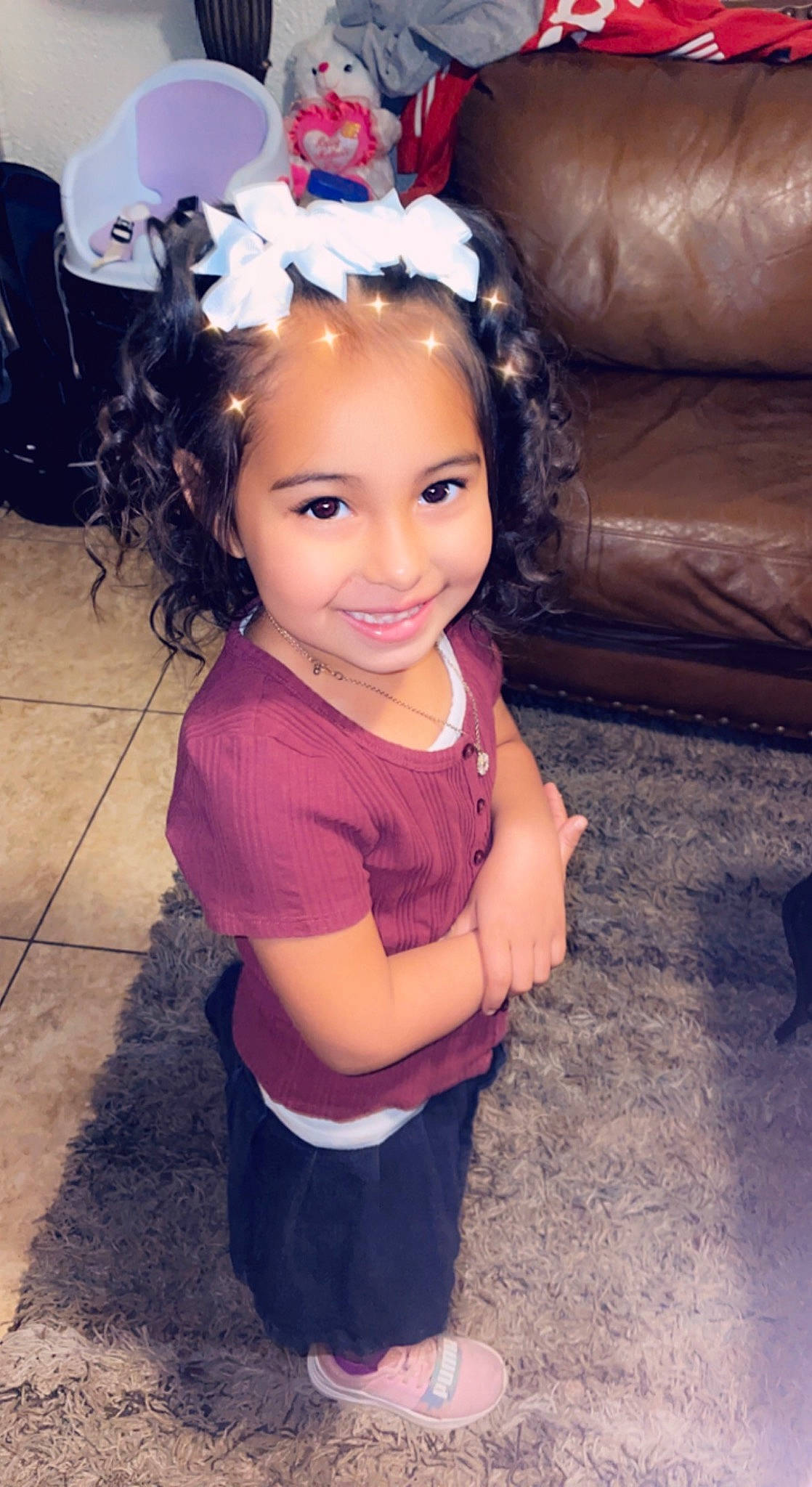 Aliyanna is registered to the contest to win money with this photo: blond, child, cool, couch, eye, face, flash_photography, fun, hair, hairstyle, happy, head, joy, long_hair, magenta, person, pink, purple, sleeve, smile