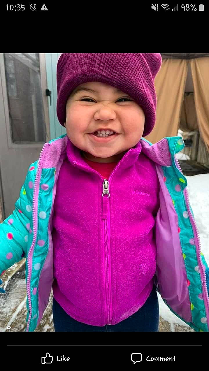 Kyra joined the competition — help win amazing prizes! cap, child, clothing, cool, electric_blue, fun, happy, headgear, headwear, hood, knit_cap, leisure, magenta, outerwear, person, personal_protective_equipment, pink, purple, sleeve, smile