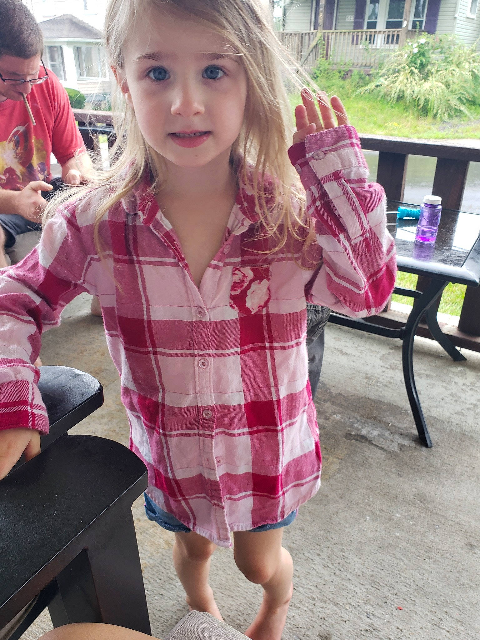 Melody joined the competition — help win amazing prizes! child, design, hair_coloring, leg, long_hair, pattern, person, pink, plaid, sitting, skin, sleeve, smile, summer, tartan, textile, thigh, toddler, vacation